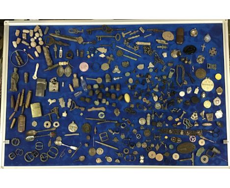 Collection of Metal Detector found Items in Display Case, includes Stone Age arrow heads, Medieval and Post Medieval items. T