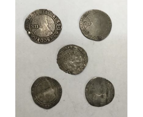 Collection of James I (VI of Scotland) Silver Coins, Shillings Mint Marks Thistle1621-3 &amp; Lis 1623-4, Sixpence mm Coronet