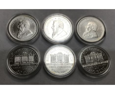 Fine Silver 1oz Coins of 2018 South Africa Krugerrand and Austria 2018 1.50 Euro. (6).