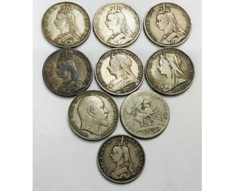Collection of British&nbsp;Sterling Silver Crowns &amp; Double Florin Coin, including 1897, 1889, 2 x 1891, 1893LVI, 1899LXII