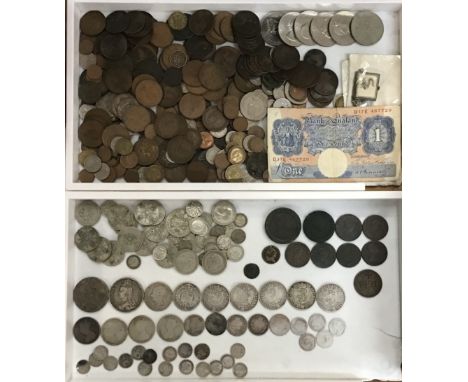 Collection of British Coins with Peppiatt &pound;1 banknote, including Victorian Silver Coins 1890, 1891 Crowns, Halfcrowns, 