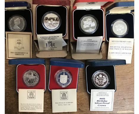 Collection of Royal Mint Silver Proof Crowns In Original Cases with Certificate of Authenticity including Guernsey 1978 Royal