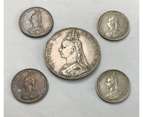 Collection of Victorian Silver Coins, including 1889 Crown and Four 1887 Shillings of a higher grade.