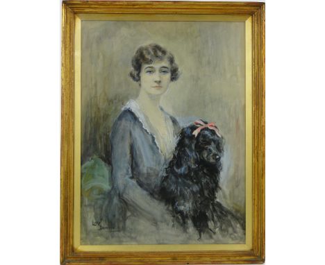 Lucy Dawson,
watercolour, portrait of a woman holding a dog, possibly a self portrait, signed, 19" x 13.5", framed.