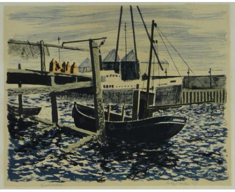 Colour lithograph, Newhaven fishing boats, indistinctly signed in pencil, dated '57, i 16.5" x 20.5", framed.