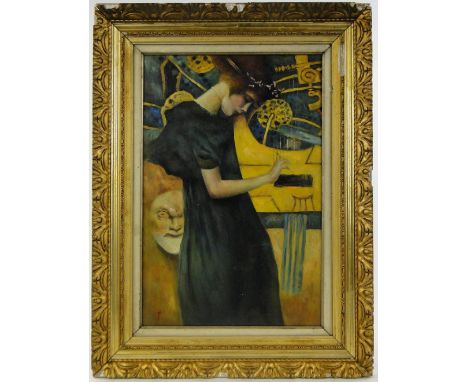 Modern oil on board, harp player, 24" x 16", framed.