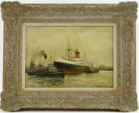 M A Thornley,
oil on canvas, The Port of London, signed with exhibition label verso, 10" x 14", framed.