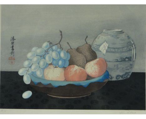 Urishibara,
colour woodblock print, still life fruit and ginger jar, signed in pencil, i 10.5" x 15", framed.