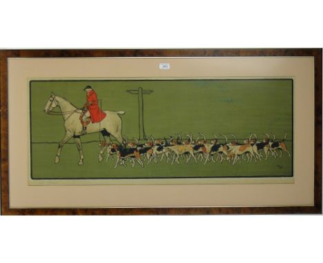 Cecil Aldin,
large colour print, Market Harboro foxhounds, signed in pencil, Published 1902, i 15" x 40", framed.
