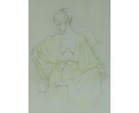 Diane Lawrence,
pencil and watercolour, full length portrait seated woman, signed, 21" x 15", framed.
