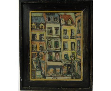M G Young,
oil on board, continental street scene, 16" x 12", and an advertising poster print for Player's Virginia cigarette