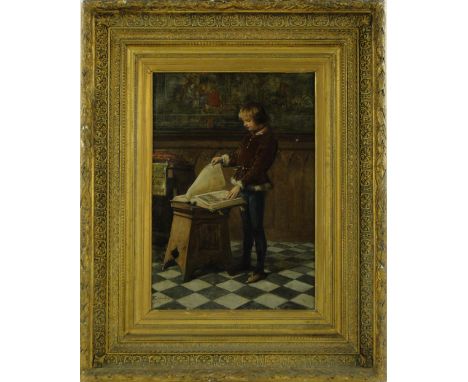 Edoardo Calandra (Italian 1852-1911),
oil on canvas, boy looking at a book of illuminated manuscript, signed, 18.5" x 13", fr