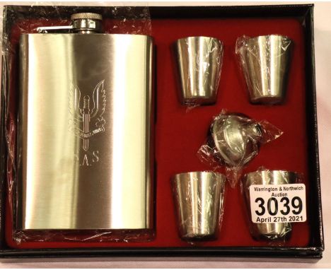 New and boxed Hip Flask Set with 4 cups. All engraved with the S.A.S Cap Badge. P&amp;P Group 1 (£14+VAT for the first lot an