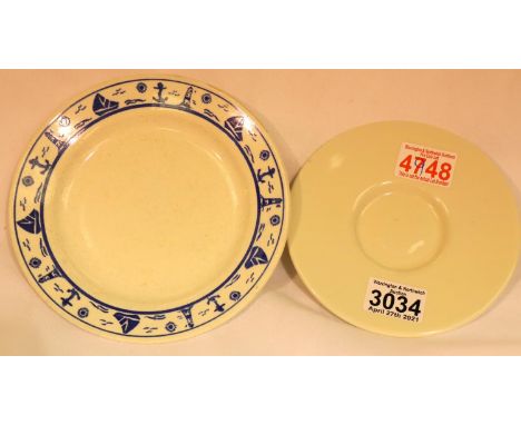 German Kriegsmarine ceramic plate, D: 18 cm, and a German saucer dated 1942 and marked for Waffen SS. P&amp;P Group 1 (£14+VA