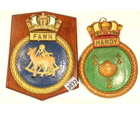 Vintage HMS FAWN plaster wall plaque, mounted on a mahogany shield, 27 x 21 cm, with an un-mounted HMS HARDY plaque, both wit