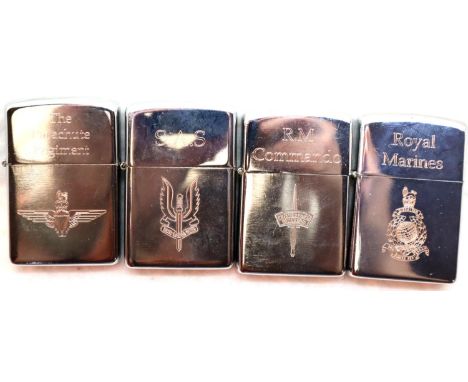 Set of 4 New Windproof Lighters. Each engraved with a British Special Forces cap badge. P&amp;P Group 1 (£14+VAT for the firs