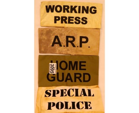 British WWII re-enactment Home Guard, ARP, Working Press and Special Police armbands (4). P&amp;P Group 1 (£14+VAT for the fi