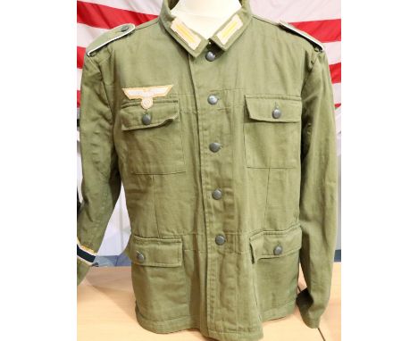 German WWII re-enactment Afrika Korps DAK olive green tunic, with cuff title, collar tabs and epaulettes, size L. P&amp;P Gro