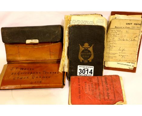 Small wallet of documents relating to GNR JT WALSH, 136th Heavy Battery RGA, and soldiers bible. P&amp;P Group 1 (£14+VAT for