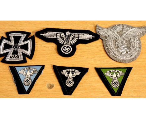 German WWII re-enactment embroidered Iron Cross first class and five further cloth badges including NSKK. P&amp;P Group 1 (£1