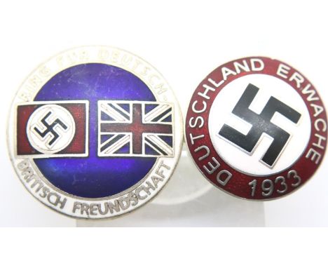 Two German contemporary enamel badges, including Germany-England friendship badge. P&amp;P Group 1 (£14+VAT for the first lot