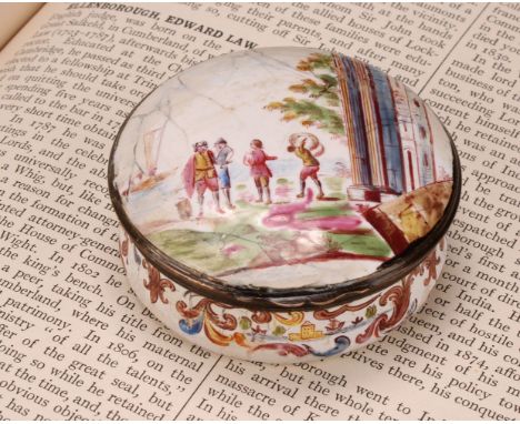 A George III South Staffordshire enamel circular table snuff box, hinged cover painted with figures at an Italianate harbour,