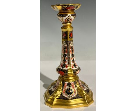 A Royal Crown Derby 1128 Old Imari pattern Castleton candlestick, 18cm high, first quality 