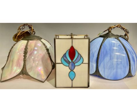 An opaque lustre glass lamp shape, tulip shaped, each of the six panels in pink and white tones, metal mounted with ceiling r