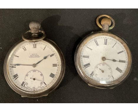 A George V silver open face pocket watch, white enamel dial, Roman numerals, subsidiary seconds dial, Kay's Keyless Challenge