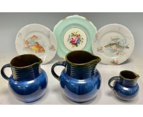 A set of three Denby Danesby Ware Electric Blue graduated jugs, the largest 16cm; a Royal Crown Derby plate; a pair of French