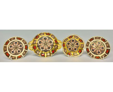 A Royal Crown Derby 1128 Imari pattern duchess dish, solid gold band, 16cm wide; a pair of 1128 pattern circular dishes, 11cm