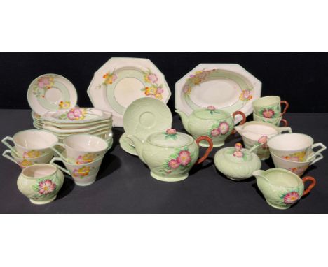 A Paragon Art Deco tea service for six comprising cake plate, side plates, cream jug, cups and saucers; a similar part desser