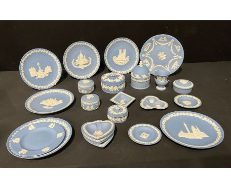 A Wedgwood Jasperware domed vase and cover, trinket pots, trinket dishes, various Christmas plates; assorted; qty 