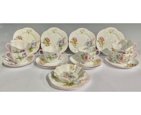 A set of six Shelley Wild Flowers Empire shape tea cups, saucers and side plates; a similar trinket dish 