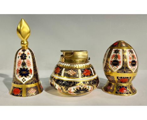 A Royal Crown Derby 1128 Old Imari pattern egg on stand, solid gold band, 8.5cm high overall, first quality; others, a 1128 O