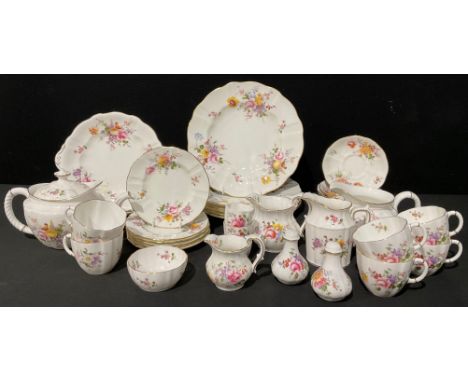 A Royal Crown Derby Posies pattern tea service for six, comprising teapot, cake plates, cream jug, sugar bowl, side plates, c