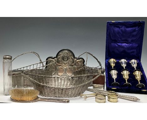 Silver and Plated Ware - a silver vanity brush, London 1947; a silver coloured metal wire-work wine cradle; another; a wire-w