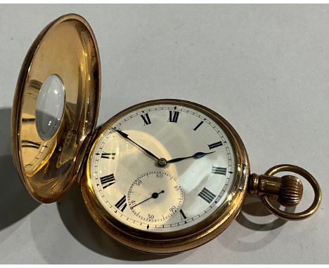 A 9ct rose gold half hunter pocket watch, white enamel dial, Roman numerals, subsidiary seconds dial, the case inlaid with bl
