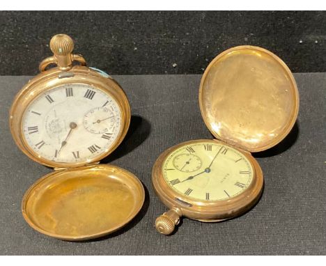 A gold plated hunter pocket watch, Thos. Russell &amp; Sons, Liverpool, white enamel dial, Roman numerals, subsidiary seconds