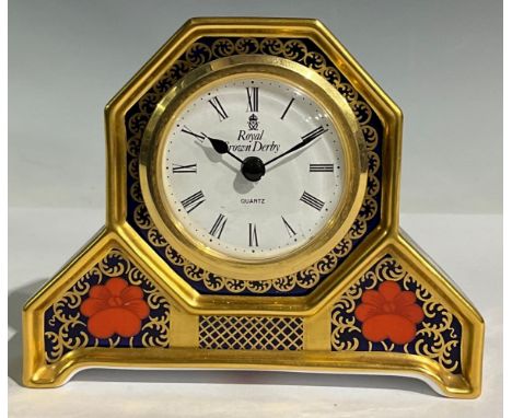 A Royal Crown Derby 1128 Old Imari pattern mantel clock, 13cm wide, first quality 