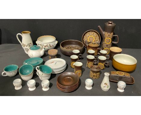 A Denby Arabesque coffee service for six, comprising coffee pot, cream jug, sugar bowl and cover, cups and saucers; other Ara