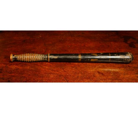 Police History - a Victorian turned and painted wooden truncheon, inscribed VR cypher, impressed marks 'E 86', 45cm long 