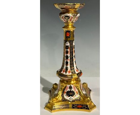 A Royal Crown Derby 1128 Old Imari pattern Castleton candlestick, 27cm high, first quality 