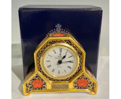 A Royal Crown Derby 1128 Old Imari pattern mantel clock, 12.5cm wide, first quality, boxed 