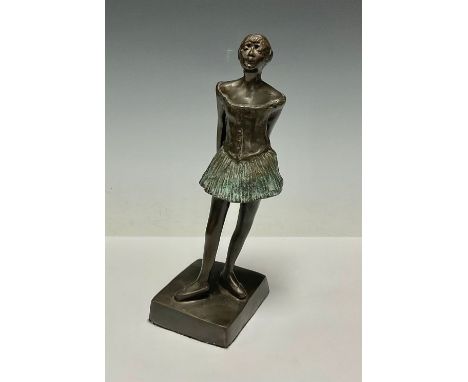 After Edgar Degas, a bronzed metal figurine, of a ballerina, square plinth, 25cm 