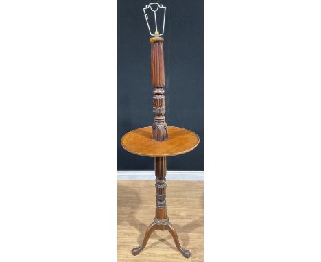 A mahogany tripod floor lamp, 161cm high under fitting 