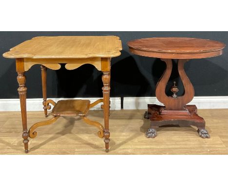 A mahogany and beech shaped square occasional table, bearing a plaque for JAS. SHOOLBRED &amp; Co, TOTTENHAM CT. RD. LONDON, 