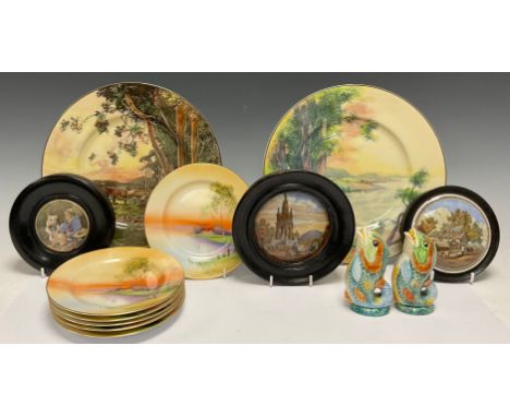 A Staffordshire Pratt ware pot lid, Albert Memorial, ebony frame; two others; a set of six Noritake tea plates; two Royal Dou