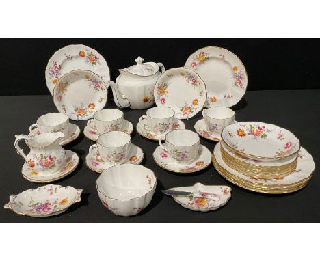 A Royal Crown Derby Posies pattern teapot, milk jug and sugar bowl, six cups and saucers, six tea plates, six cake plates, se