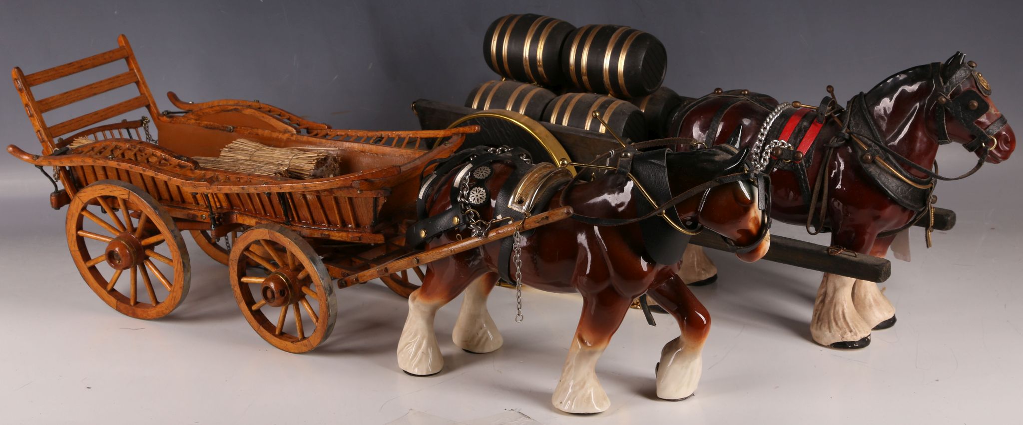 An Edwardian horsedrawn hay wain, brown glazed ceramic cart horse and